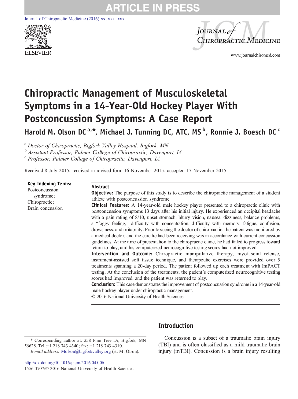 Chiropractic Management of Musculoskeletal Symptoms in a 14-Year-Old Hockey Player With Postconcussion Symptoms: A Case Report