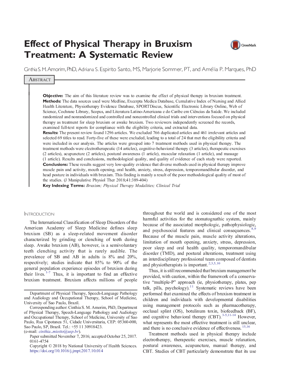 Effect of Physical Therapy in Bruxism Treatment: A Systematic Review