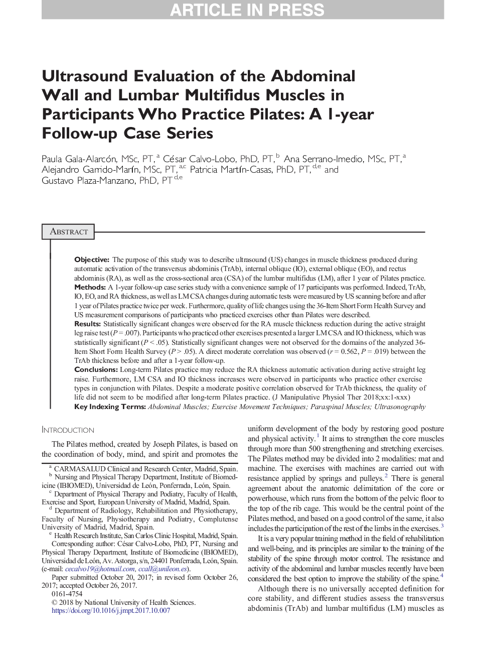 Ultrasound Evaluation of the Abdominal Wall and Lumbar Multifidus Muscles in Participants Who Practice Pilates: A 1-year Follow-up Case Series