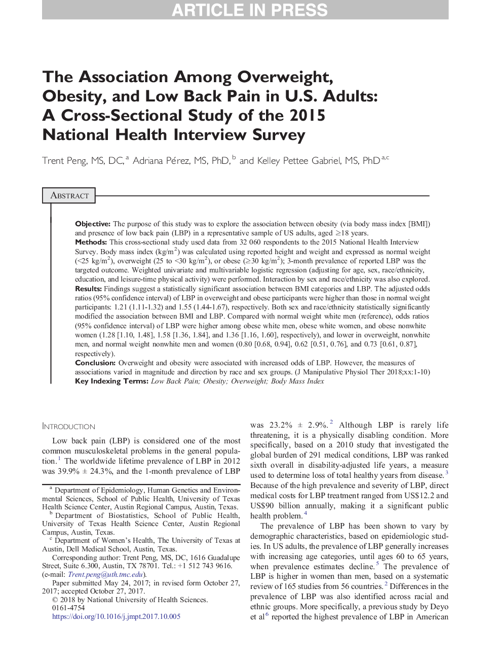 انجمن بین اضافه وزن، چاقی و کمر درد در بزرگسالان ایالات متحده: مطالعه مقطعی از مصاحبه ملی مصاحبه سلامت سال 2015 