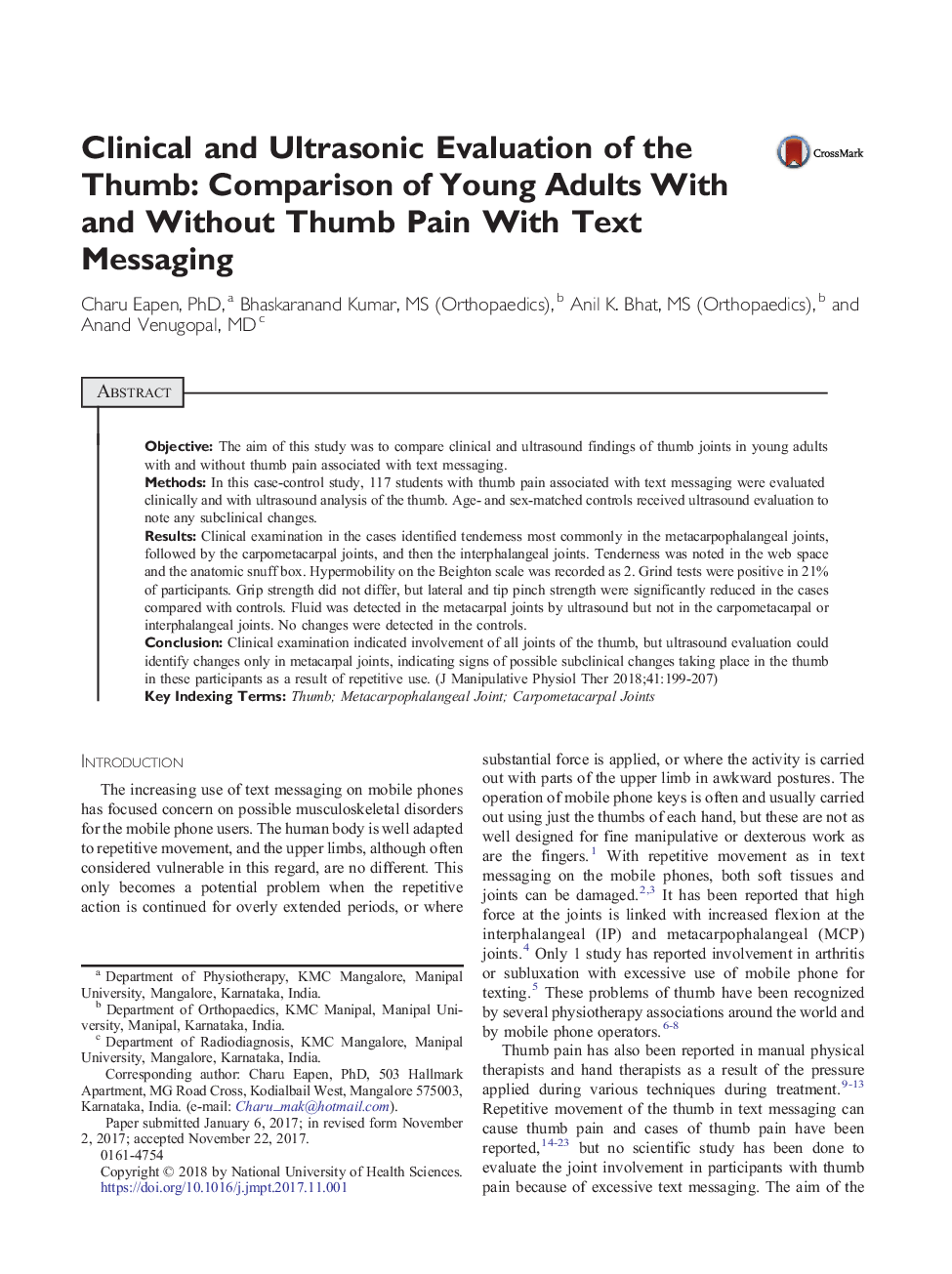 Clinical and Ultrasonic Evaluation of the Thumb: Comparison of Young Adults With and Without Thumb Pain With Text Messaging