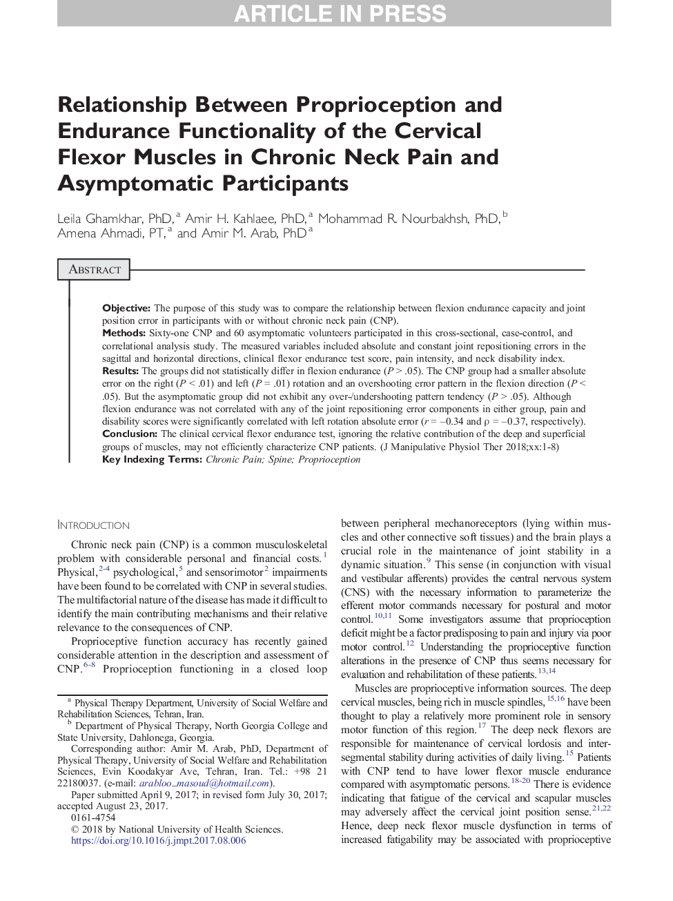 Relationship Between Proprioception and Endurance Functionality of the Cervical Flexor Muscles in Chronic Neck Pain and Asymptomatic Participants