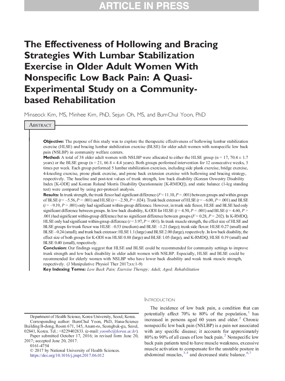 The Effectiveness of Hollowing and Bracing Strategies With Lumbar Stabilization Exercise in Older Adult Women With Nonspecific Low Back Pain: A Quasi-Experimental Study on a Community-based Rehabilitation