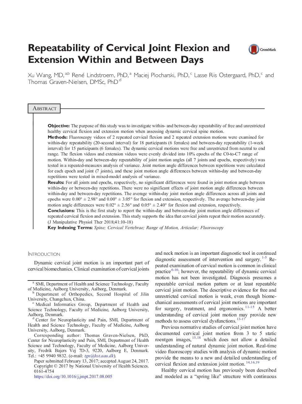 Repeatability of Cervical Joint Flexion and Extension Within and Between Days