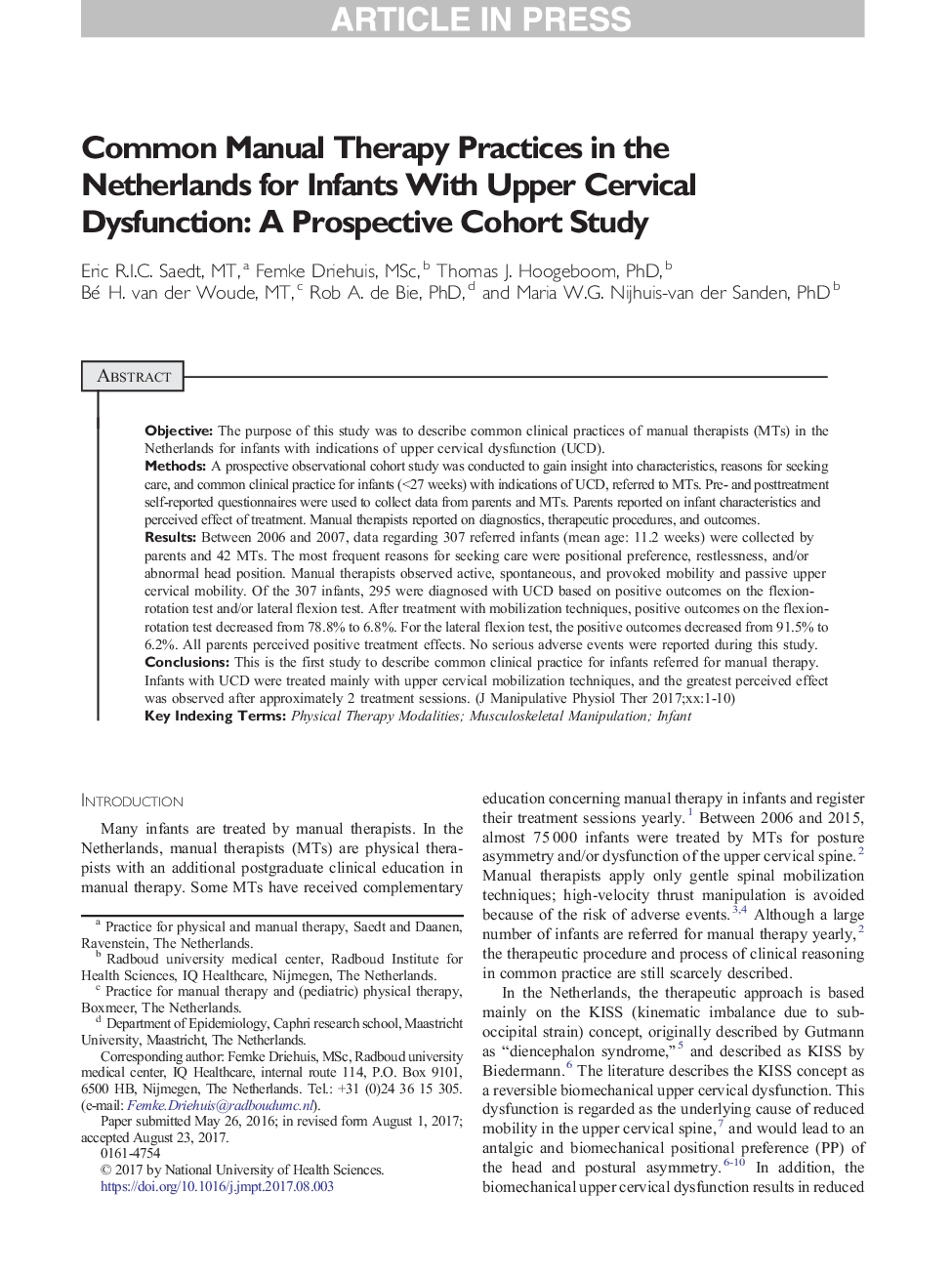 Common Manual Therapy Practices in the Netherlands for Infants With Upper Cervical Dysfunction: A Prospective Cohort Study