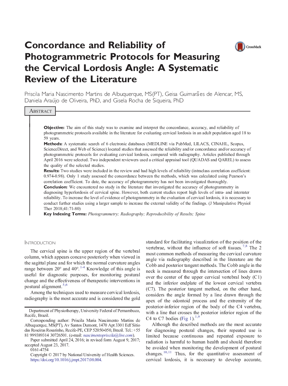 Concordance and Reliability of Photogrammetric Protocols for Measuring the Cervical Lordosis Angle: A Systematic Review of the Literature