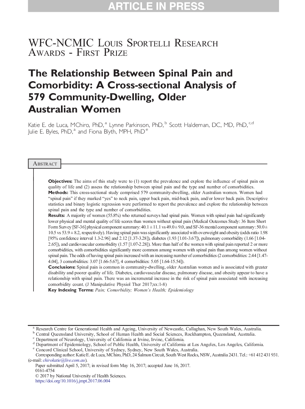 The Relationship Between Spinal Pain and Comorbidity: A Cross-sectional Analysis of 579 Community-Dwelling, Older Australian Women