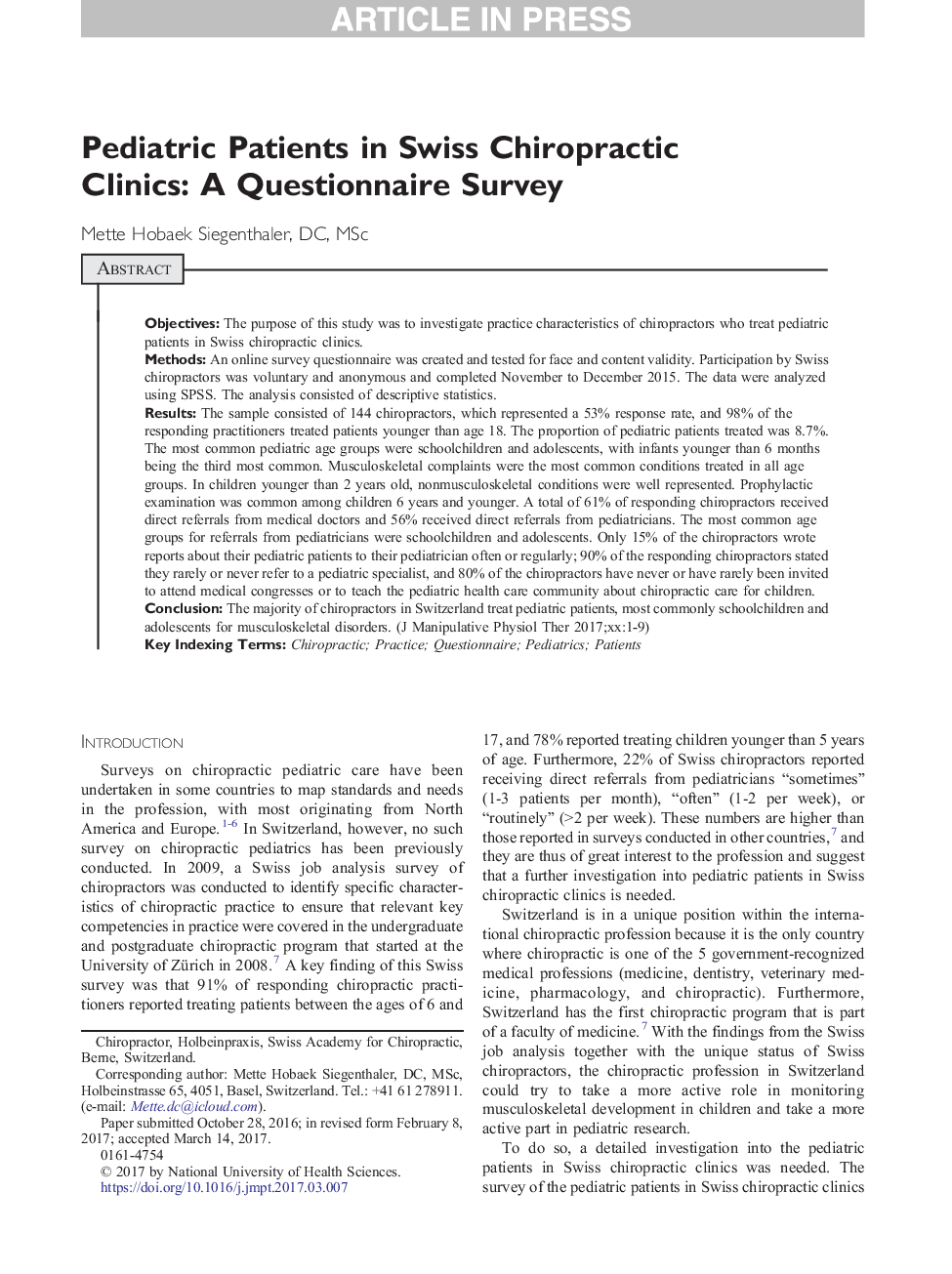 Pediatric Patients in Swiss Chiropractic Clinics: A Questionnaire Survey