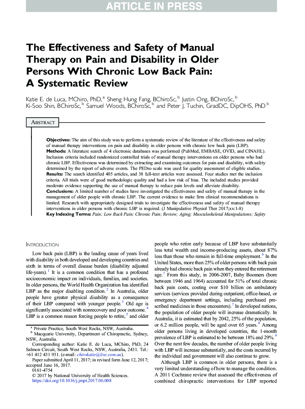 The Effectiveness and Safety of Manual Therapy on Pain and Disability in Older Persons With Chronic Low Back Pain: A Systematic Review