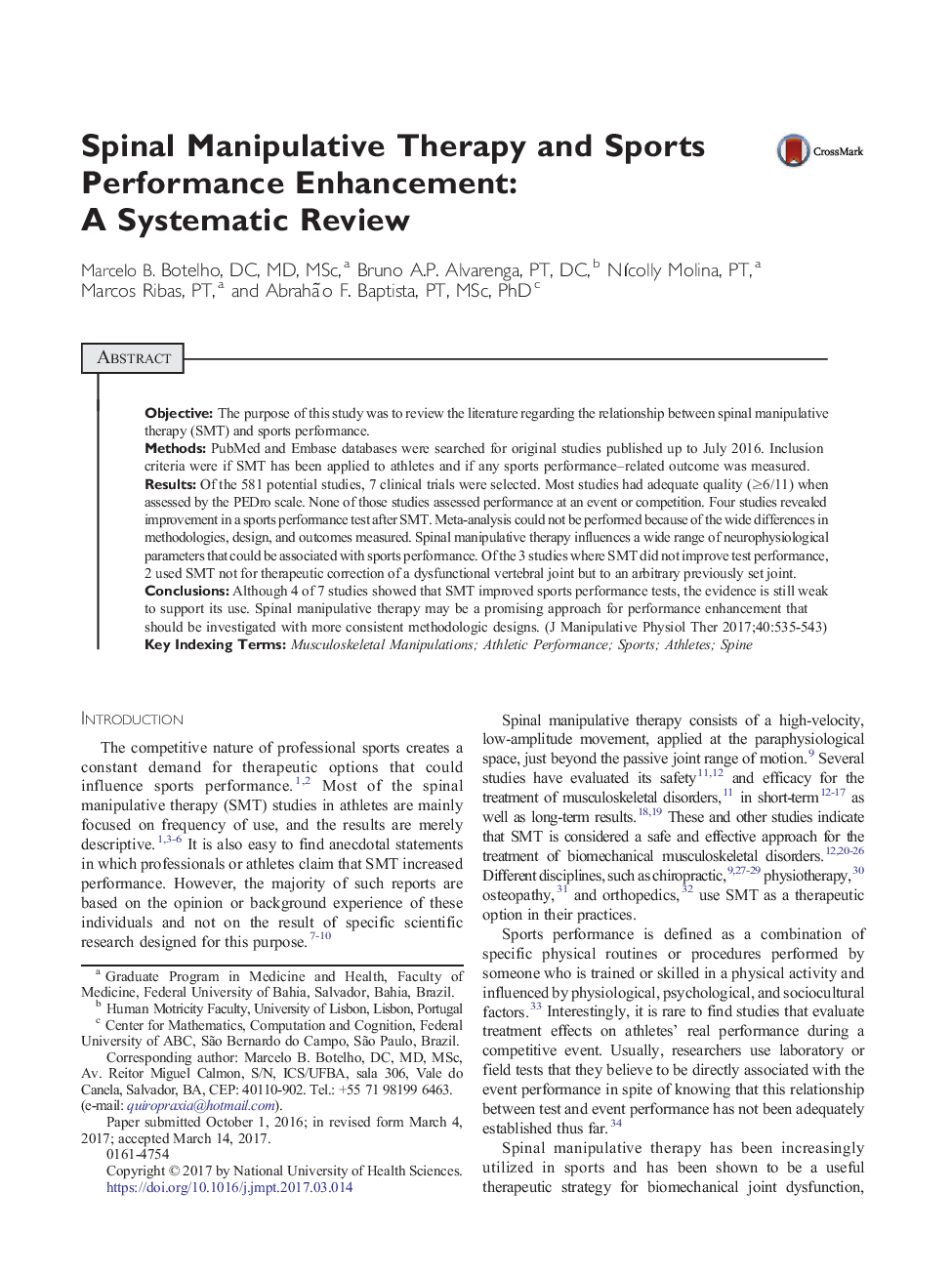 Spinal Manipulative Therapy and Sports Performance Enhancement: A Systematic Review