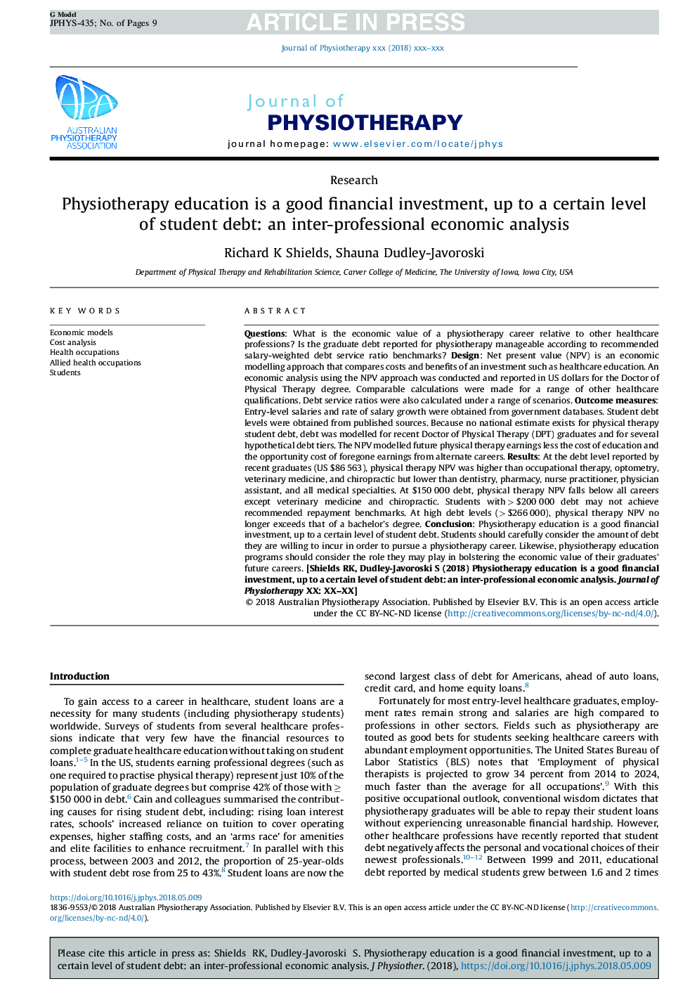 Physiotherapy education is a good financial investment, up to a certain level of student debt: an inter-professional economic analysis