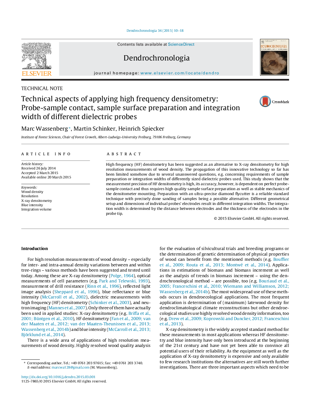 عکس صفحه اول مقاله: Technical aspects of applying high frequency densitometry: Probe-sample contact, sample surface preparation and integration width of different dielectric probes Technical aspects of applying high frequency densitometry: Probe-sample contact, sample surface preparation and integration width of different dielectric probes