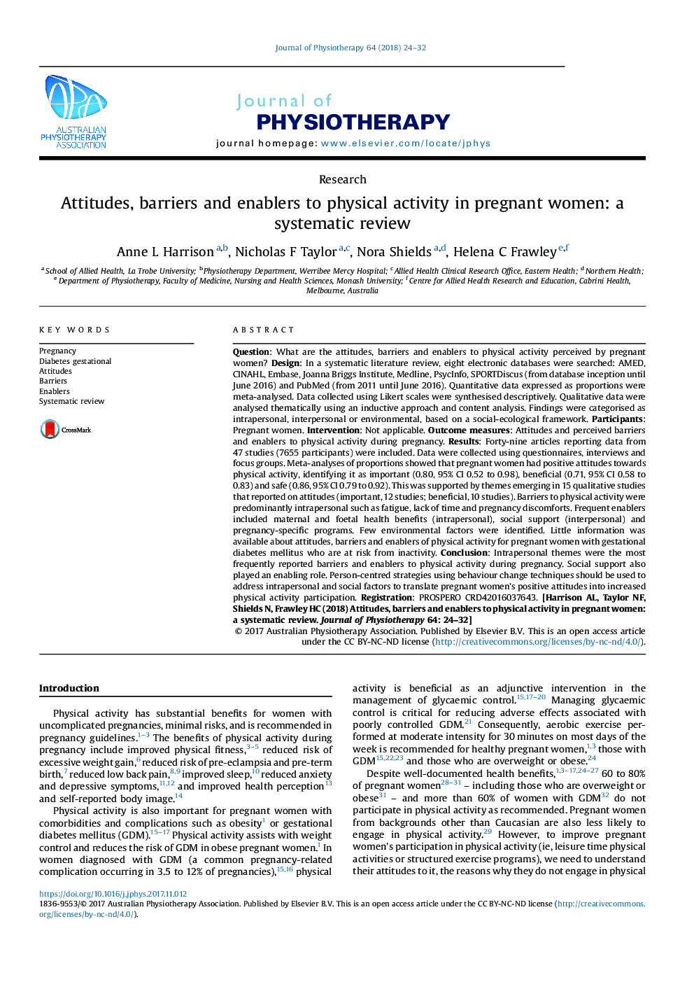 Attitudes, barriers and enablers to physical activity in pregnant women: a systematic review