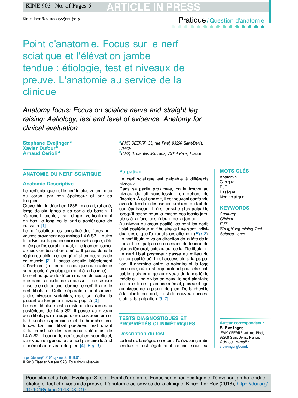 Point d'anatomie. Focus sur le nerf sciatique et l'élévation jambe tendueÂ : étiologie, test et niveaux de preuve. L'anatomie au service de la clinique