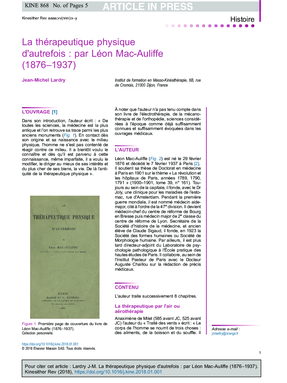 La thérapeutique physique d'autrefoisÂ : par Léon Mac-Auliffe (1876-1937)