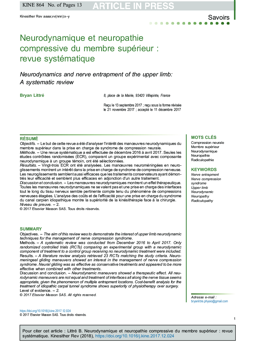 Neurodynamique et neuropathie compressive du membre supérieurÂ : revue systématique