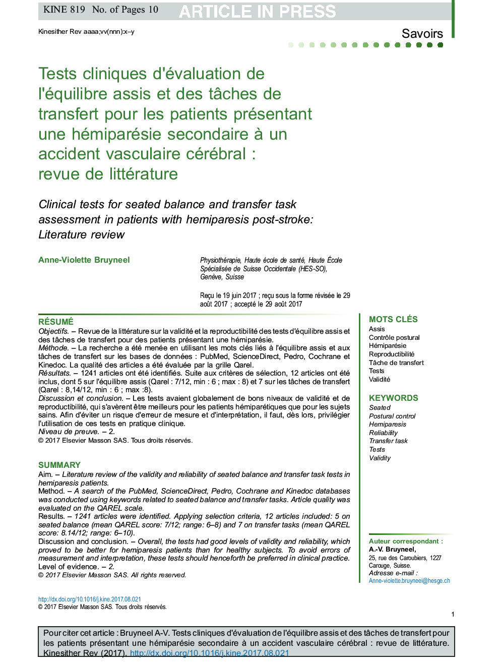 Tests cliniques d'évaluation de l'équilibre assis et des tÃ¢ches de transfert pour les patients présentant une hémiparésie secondaire Ã  un accident vasculaire cérébralÂ : revue de littérature