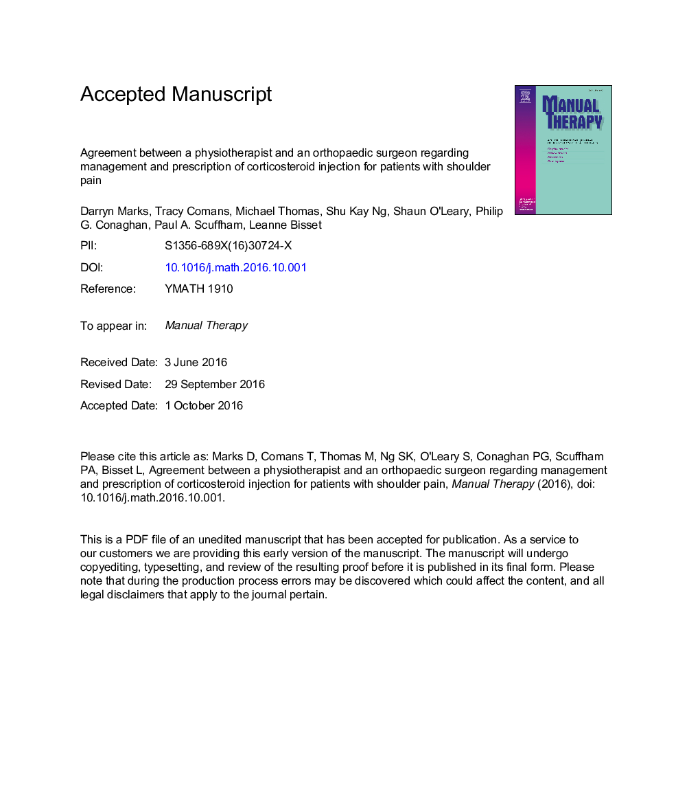 Agreement between a physiotherapist and an orthopaedic surgeon regarding management and prescription of corticosteroid injection for patients with shoulder pain