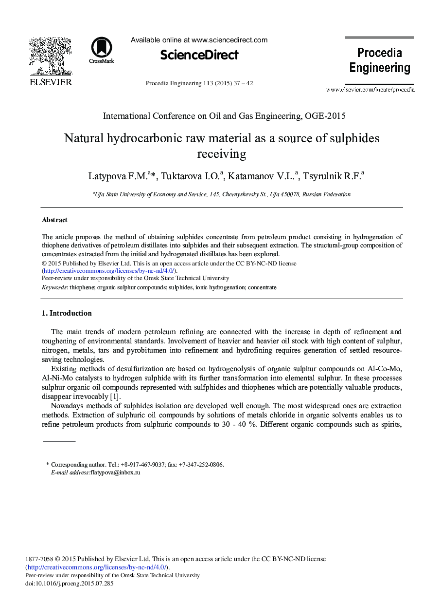 Natural Hydrocarbonic Raw Material as a Source of Sulphides Receiving 