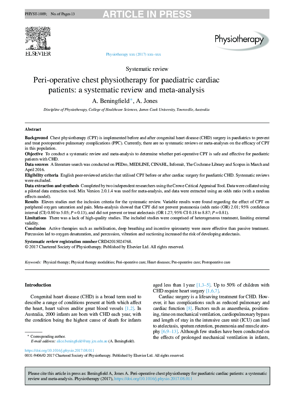 Peri-operative chest physiotherapy for paediatric cardiac patients: a systematic review and meta-analysis