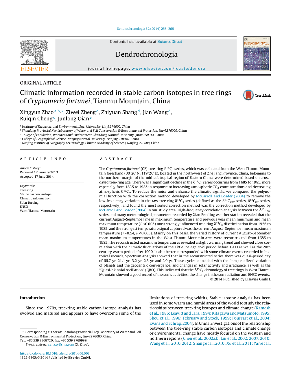 Climatic information recorded in stable carbon isotopes in tree rings of Cryptomeria fortunei, Tianmu Mountain, China