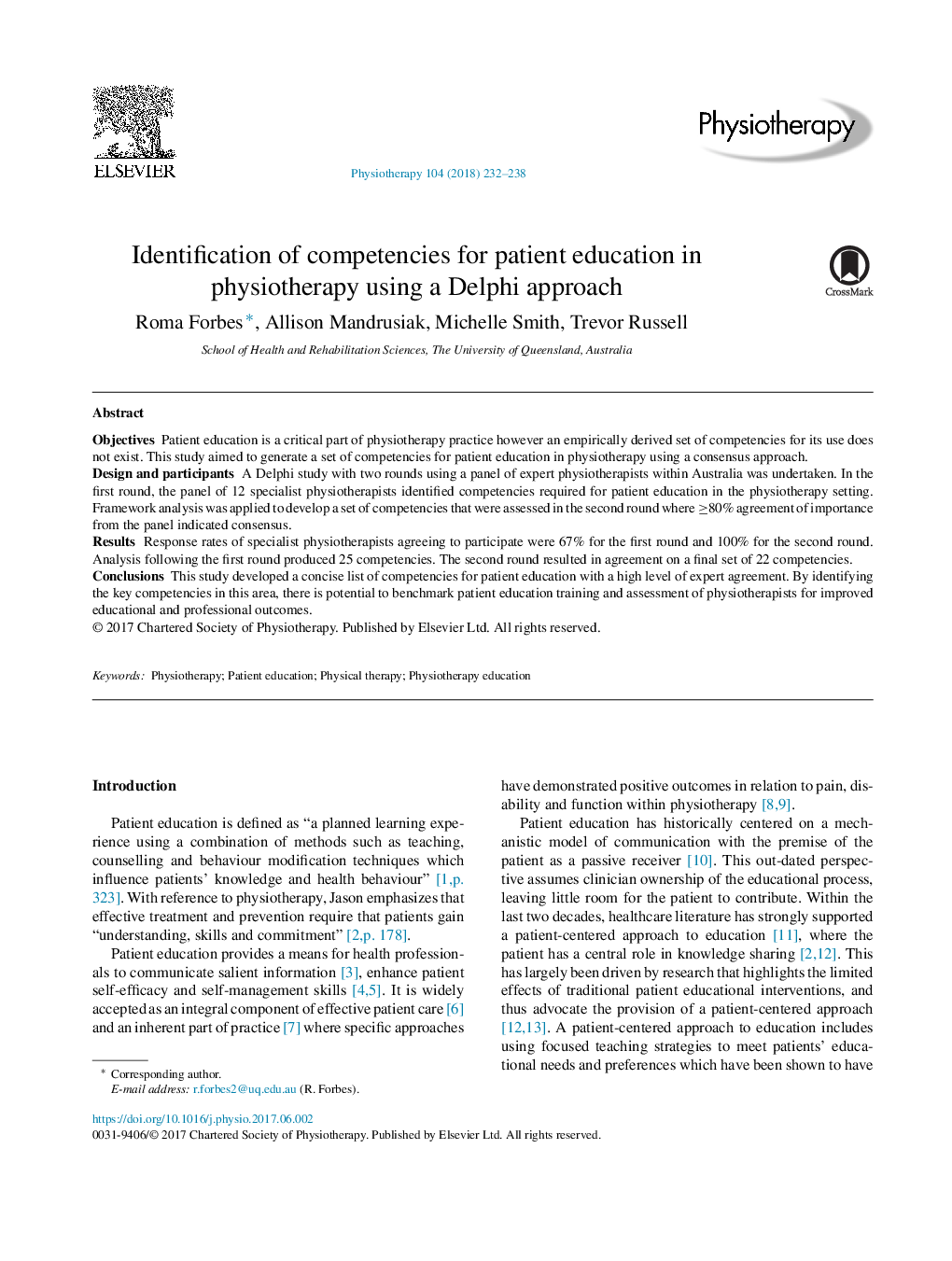 Identification of competencies for patient education in physiotherapy using a Delphi approach