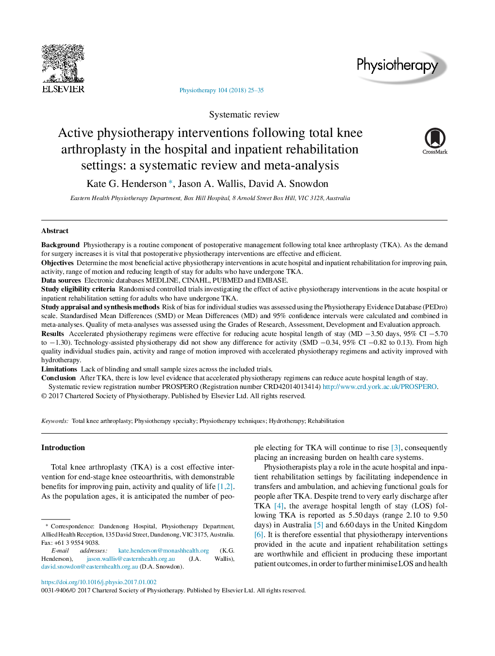 Active physiotherapy interventions following total knee arthroplasty in the hospital and inpatient rehabilitation settings: a systematic review and meta-analysis