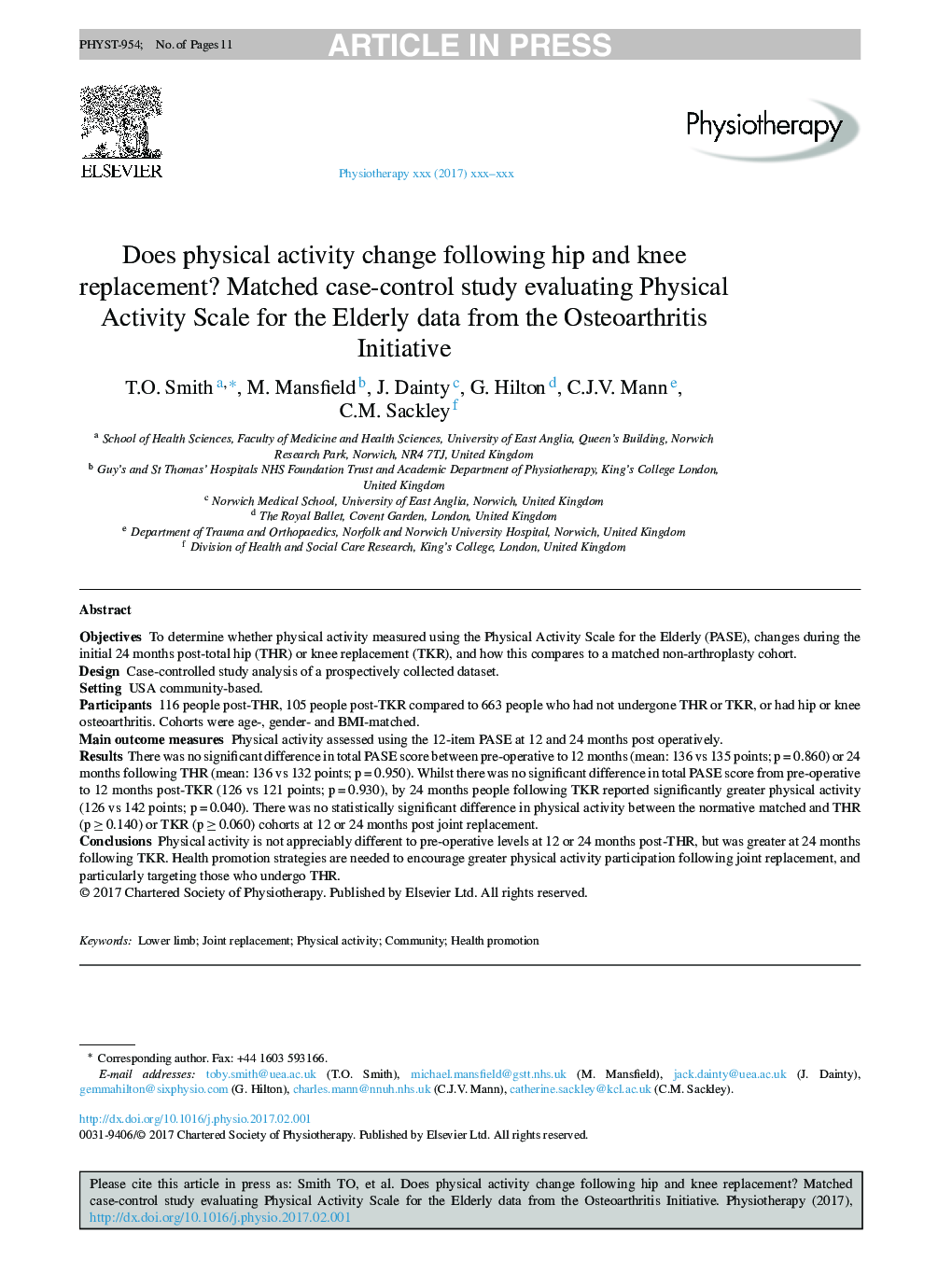 Does physical activity change following hip and knee replacement? Matched case-control study evaluating Physical Activity Scale for the Elderly data from the Osteoarthritis Initiative