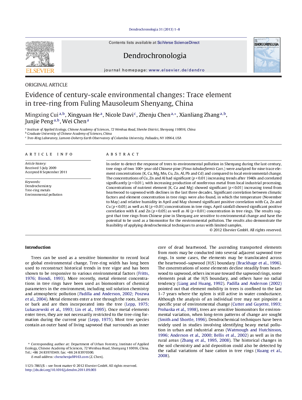 Evidence of century-scale environmental changes: Trace element in tree-ring from Fuling Mausoleum Shenyang, China