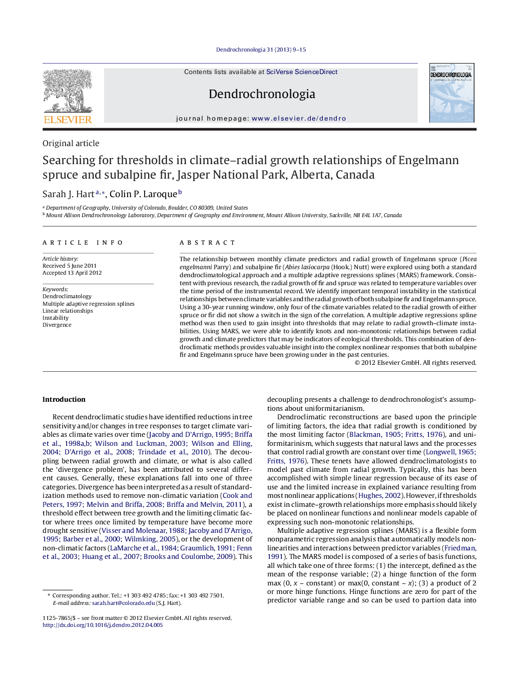 Searching for thresholds in climate–radial growth relationships of Engelmann spruce and subalpine fir, Jasper National Park, Alberta, Canada