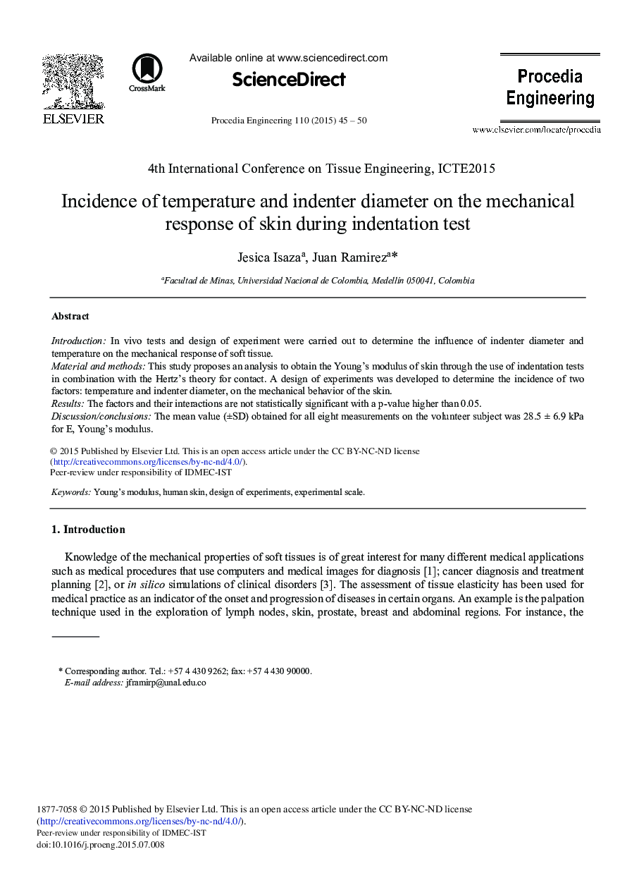 Incidence of Temperature and Indenter Diameter on the Mechanical Response of Skin during Indentation Test 