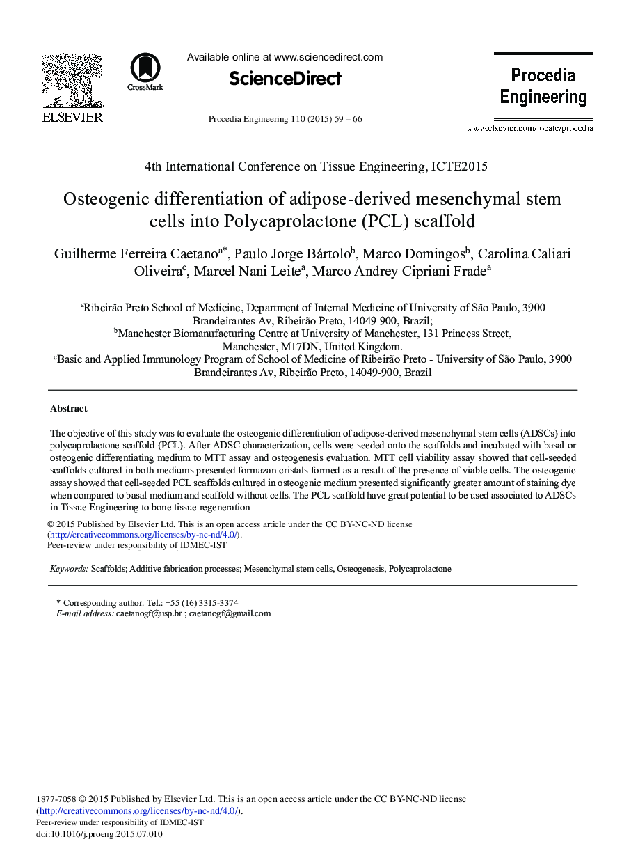 Osteogenic Differentiation of Adipose-derived Mesenchymal Stem Cells into Polycaprolactone (PCL) Scaffold 