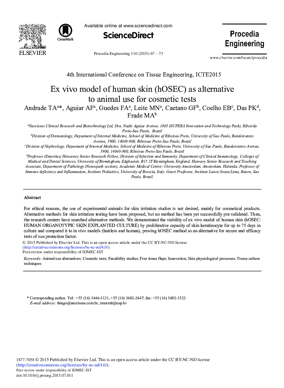 Ex vivo Model of Human Skin (hOSEC) as Alternative to Animal use for Cosmetic Tests 