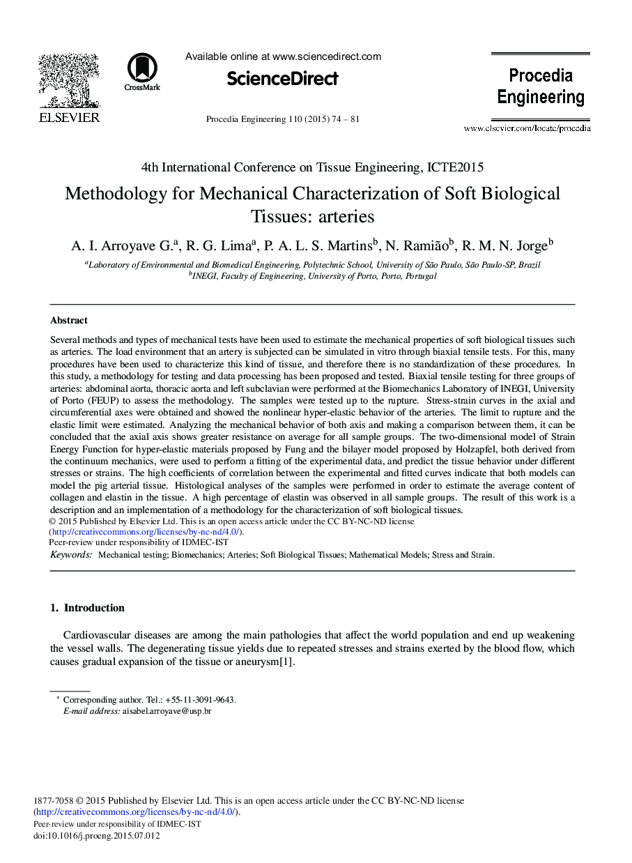 Methodology for Mechanical Characterization of Soft Biological Tissues: Arteries 