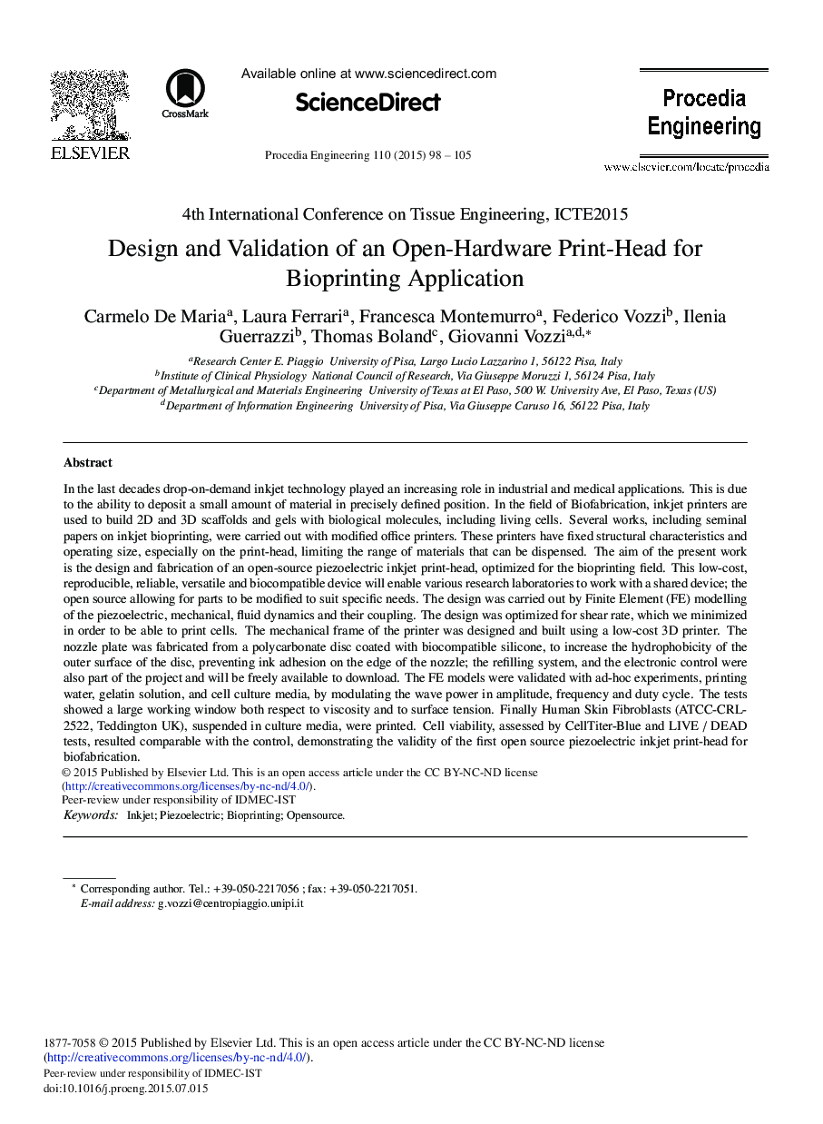 Design and Validation of an Open-Hardware Print-Head for Bioprinting Application 