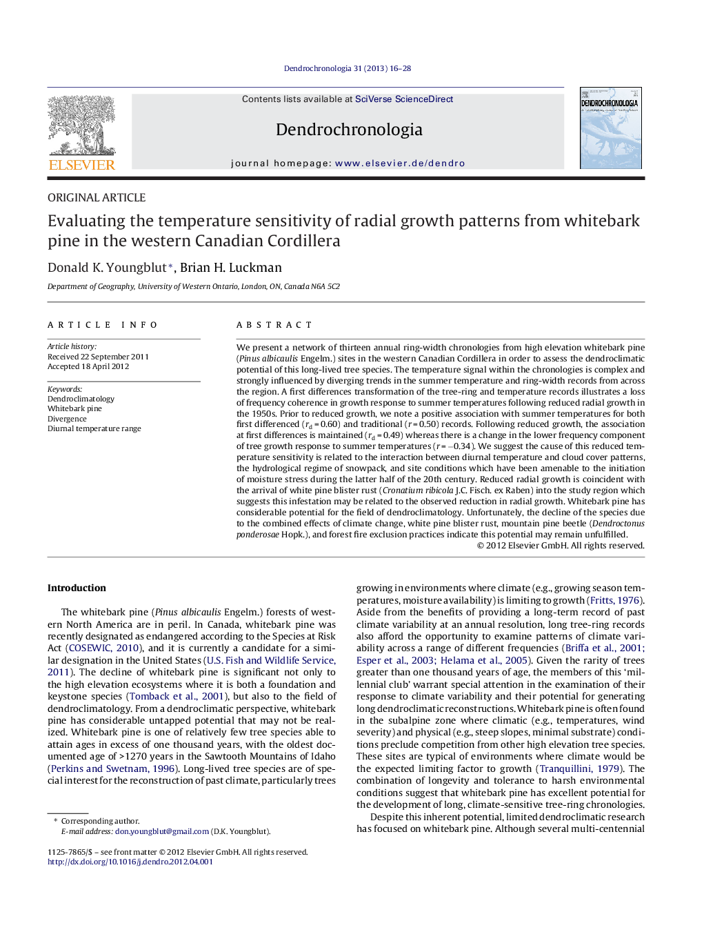 Evaluating the temperature sensitivity of radial growth patterns from whitebark pine in the western Canadian Cordillera