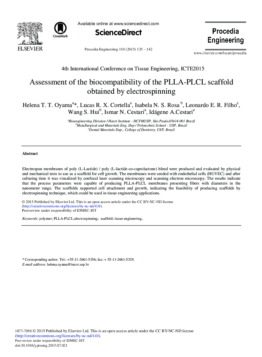 Assessment of the Biocompatibility of the PLLA-PLCL Scaffold Obtained by Electrospinning 