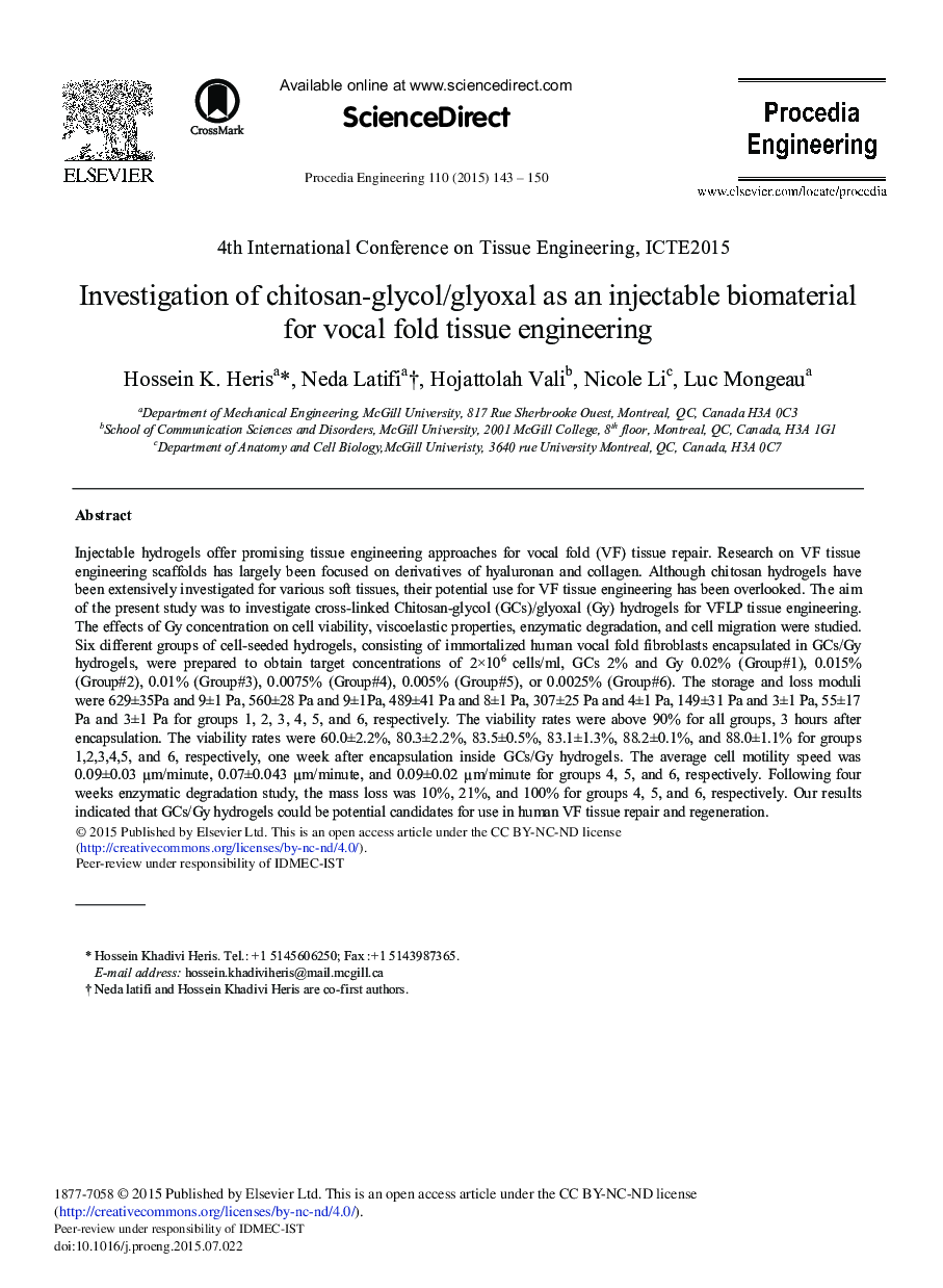 Investigation of Chitosan-glycol/glyoxal as an Injectable Biomaterial for Vocal Fold Tissue Engineering 