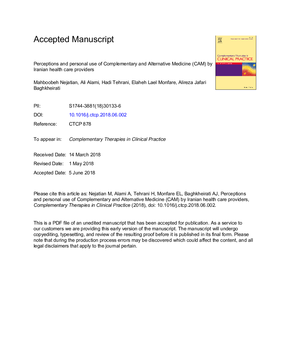 Perceptions and personal use of Complementary and Alternative Medicine (CAM) by Iranian health care providers