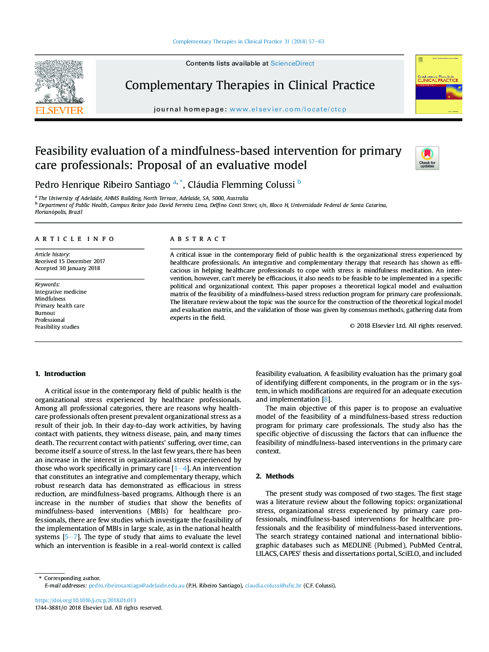 Feasibility evaluation of a mindfulness-based intervention for primary care professionals: Proposal of an evaluative model