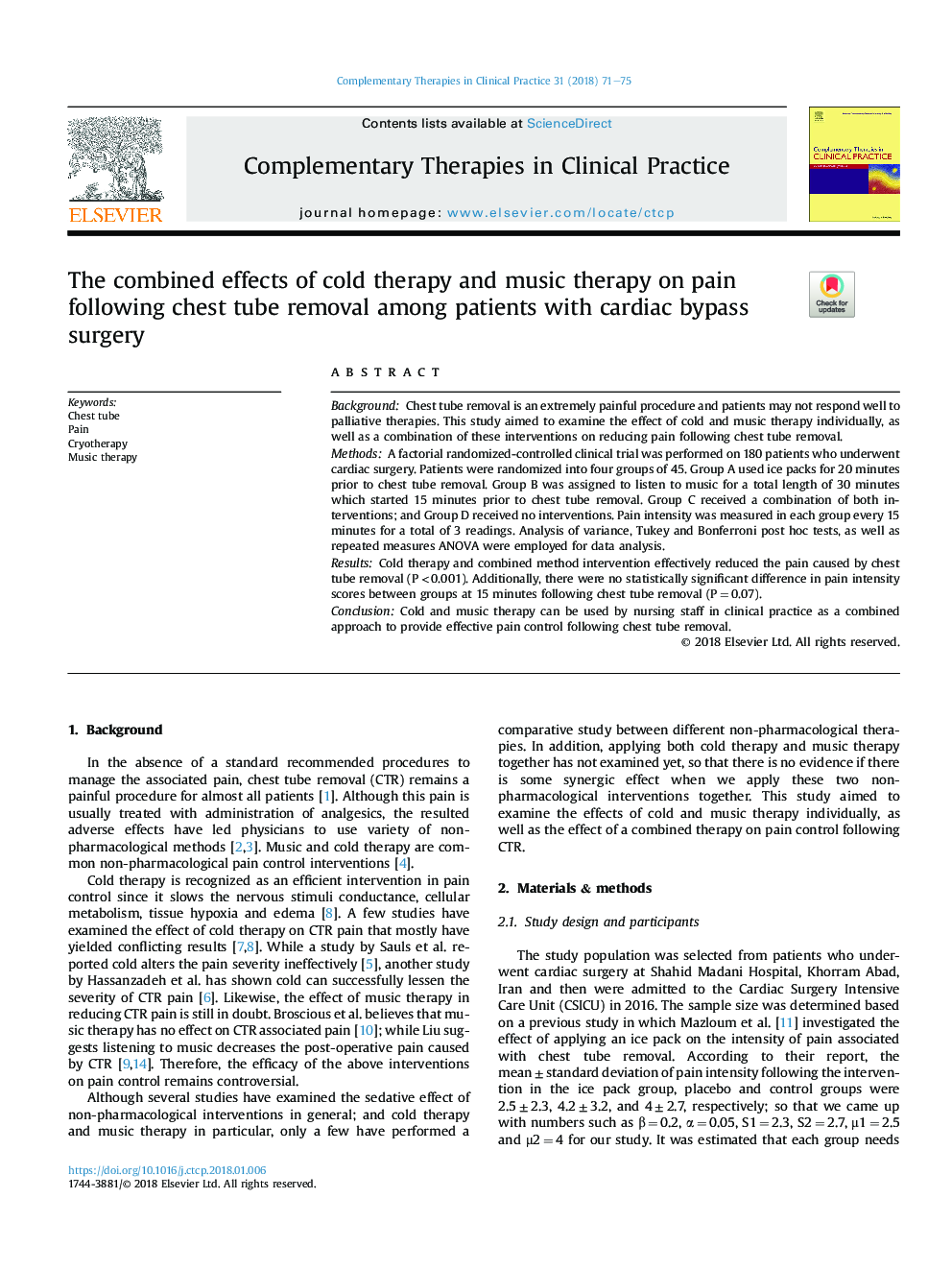 The combined effects of cold therapy and music therapy on pain following chest tube removal among patients with cardiac bypass surgery