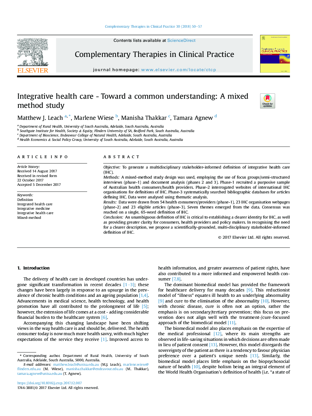 Integrative health care - Toward a common understanding: A mixed method study