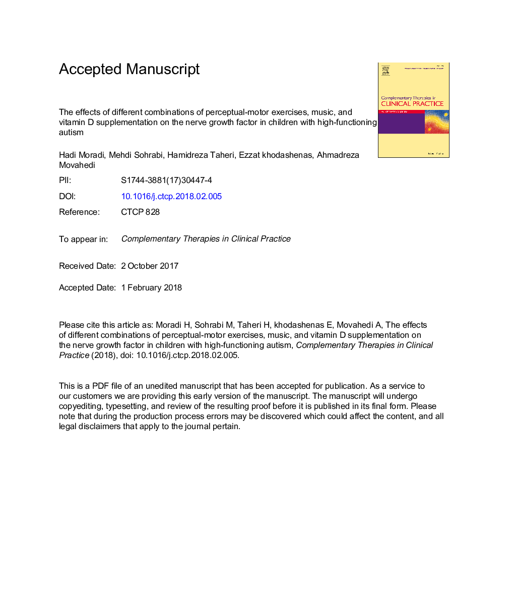 The effects of different combinations of perceptual-motor exercises, music, and vitamin D supplementation on the nerve growth factor in children with high-functioning autism