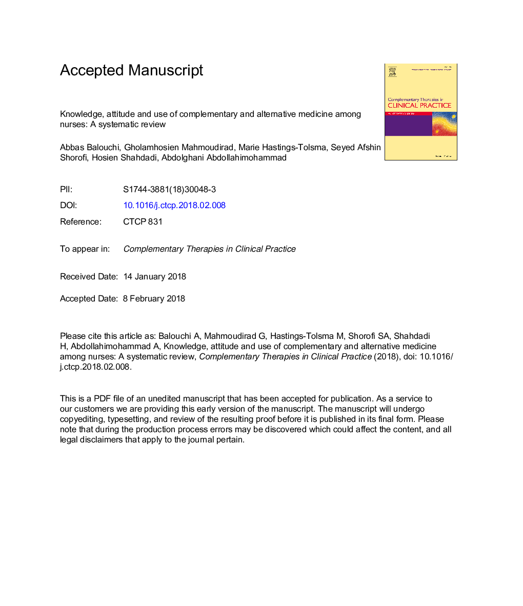 Knowledge, attitude and use of complementary and alternative medicine among nurses: A systematic review