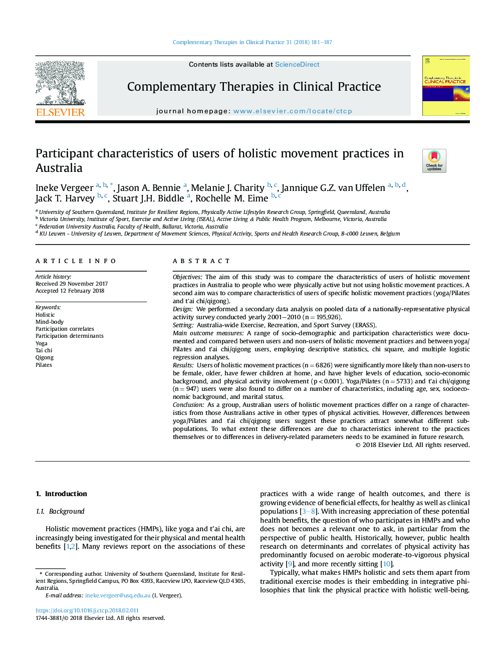 Participant characteristics of users of holistic movement practices in Australia