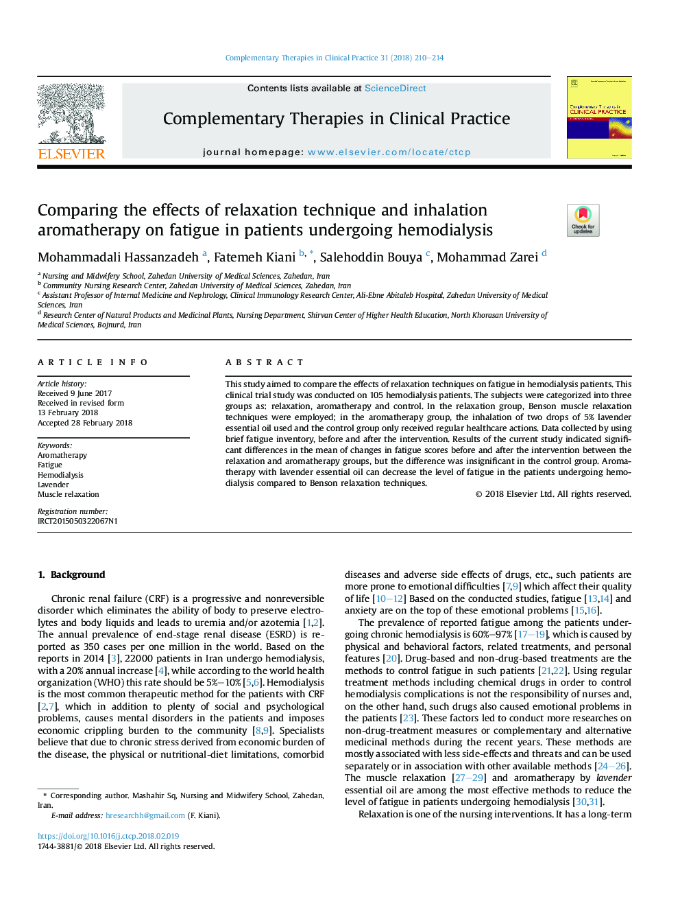 Comparing the effects of relaxation technique and inhalation aromatherapy on fatigue in patients undergoing hemodialysis