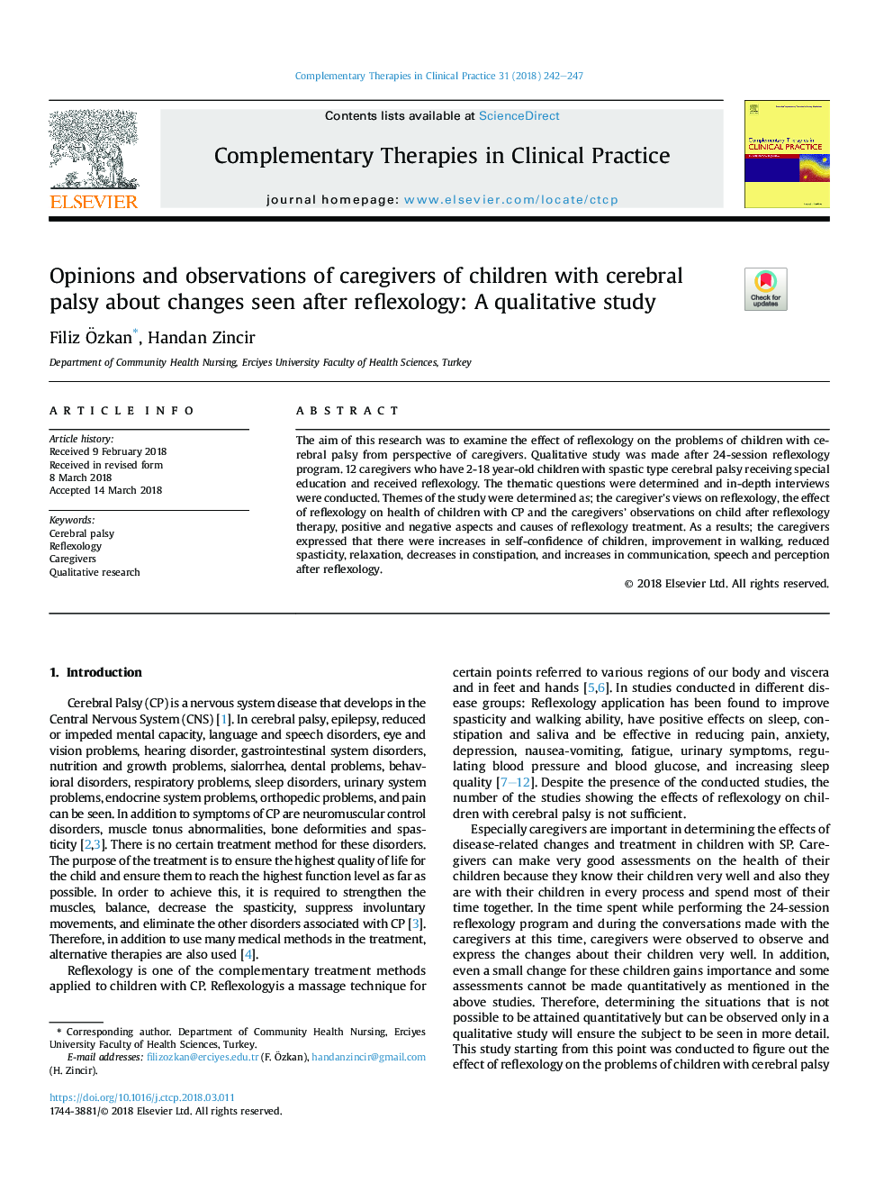 Opinions and observations of caregivers of children with cerebral palsy about changes seen after reflexology: A qualitative study