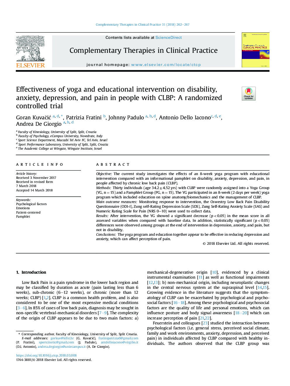 Effectiveness of yoga and educational intervention on disability, anxiety, depression, and pain in people with CLBP: A randomized controlled trial