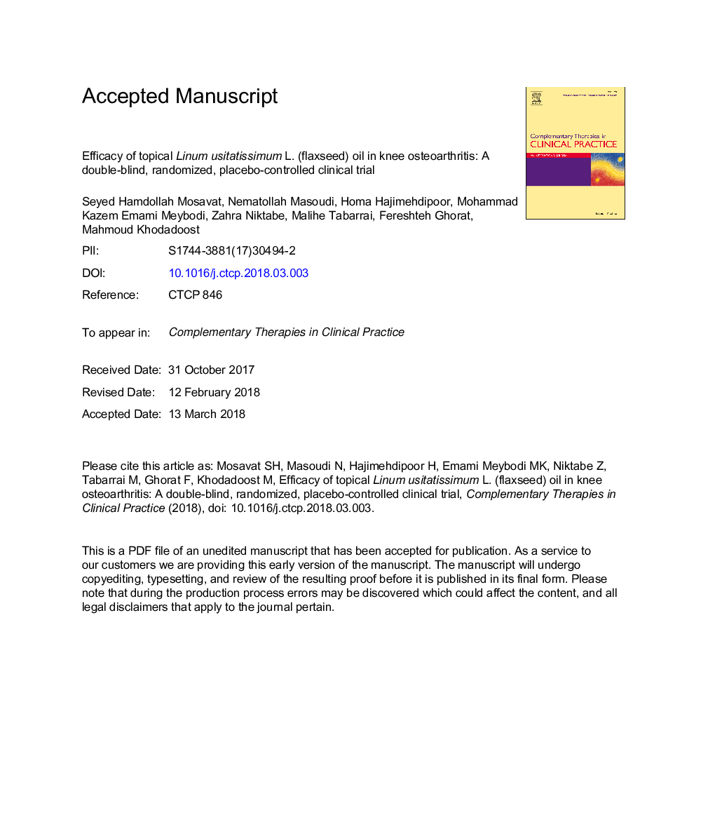 Efficacy of topical Linum usitatissimum L. (flaxseed) oil in knee osteoarthritis: A double-blind, randomized, placebo-controlled clinical trial