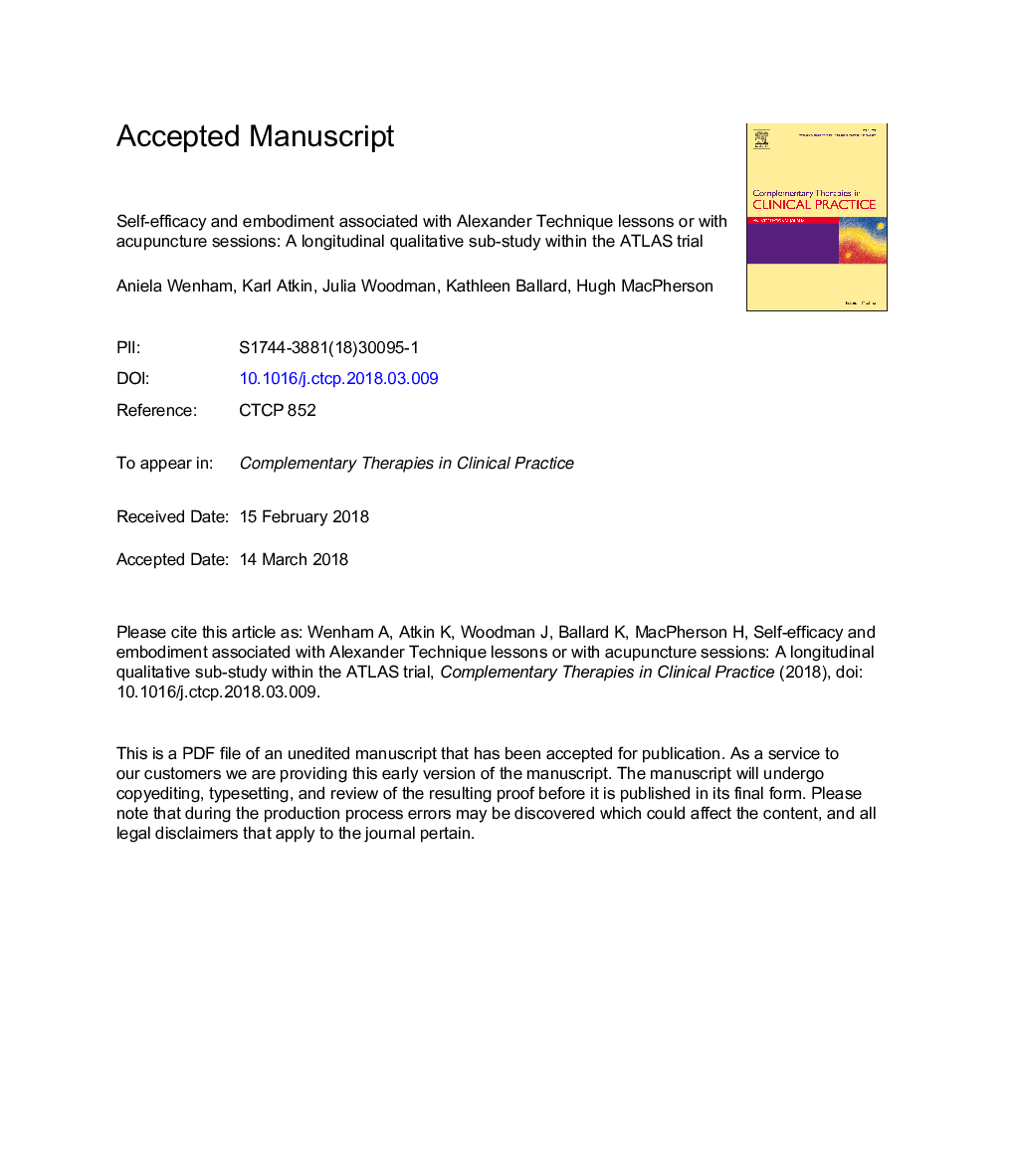 Self-efficacy and embodiment associated with Alexander Technique lessons or with acupuncture sessions: A longitudinal qualitative sub-study within the ATLAS trial